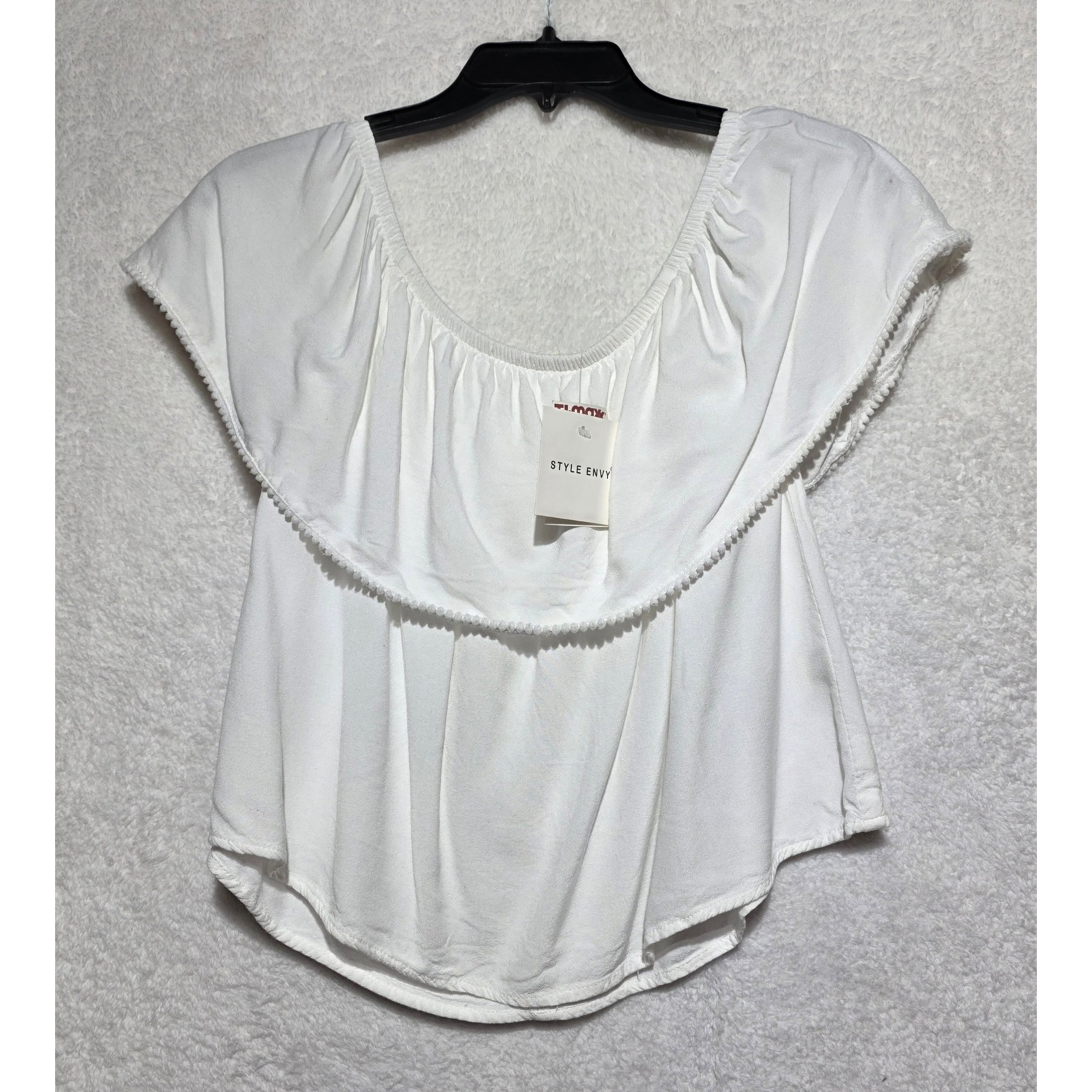 Style Envy White Off The Shoulder Ruffle Pom Pom Trim Rayon Blouse Top Large New